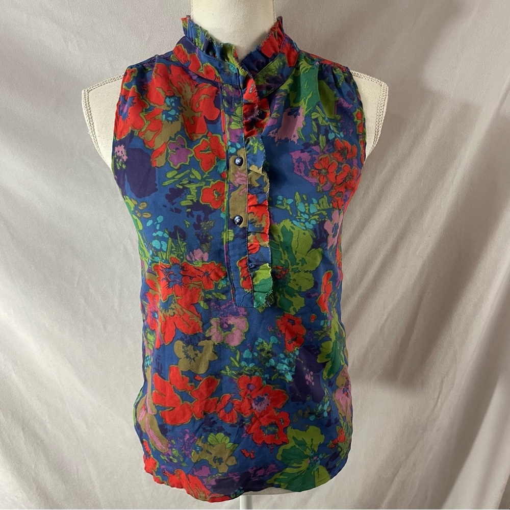 J.Crew Blue Floral Ruffle Collar Sleeveless 1/2 Button Top